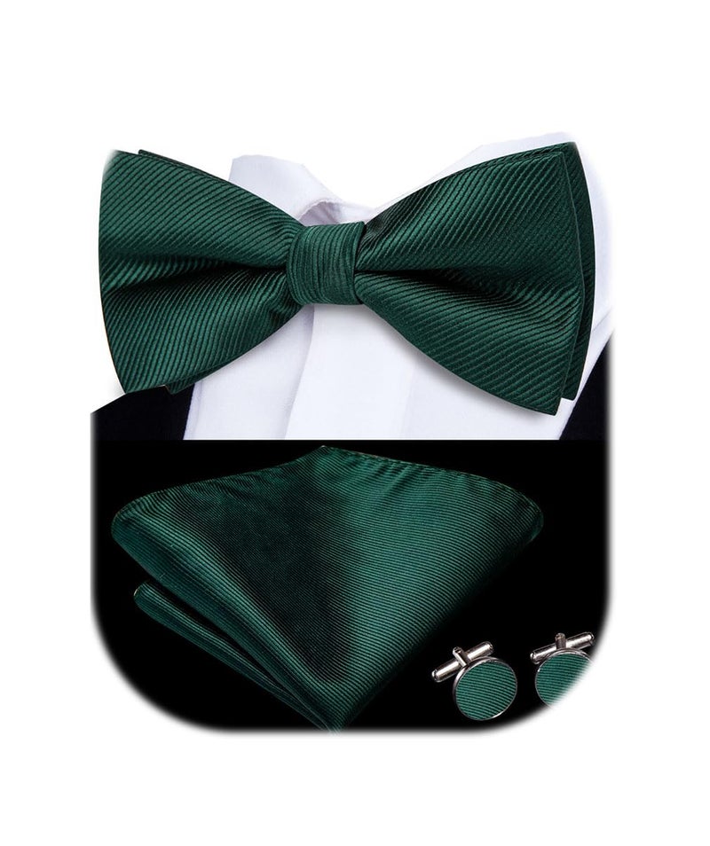 Dubulle Mens Dark Green Paisley Striped Bowtie Set Pretied Bowtie for Men and Pocket Square Set Wedding Business - Image 1